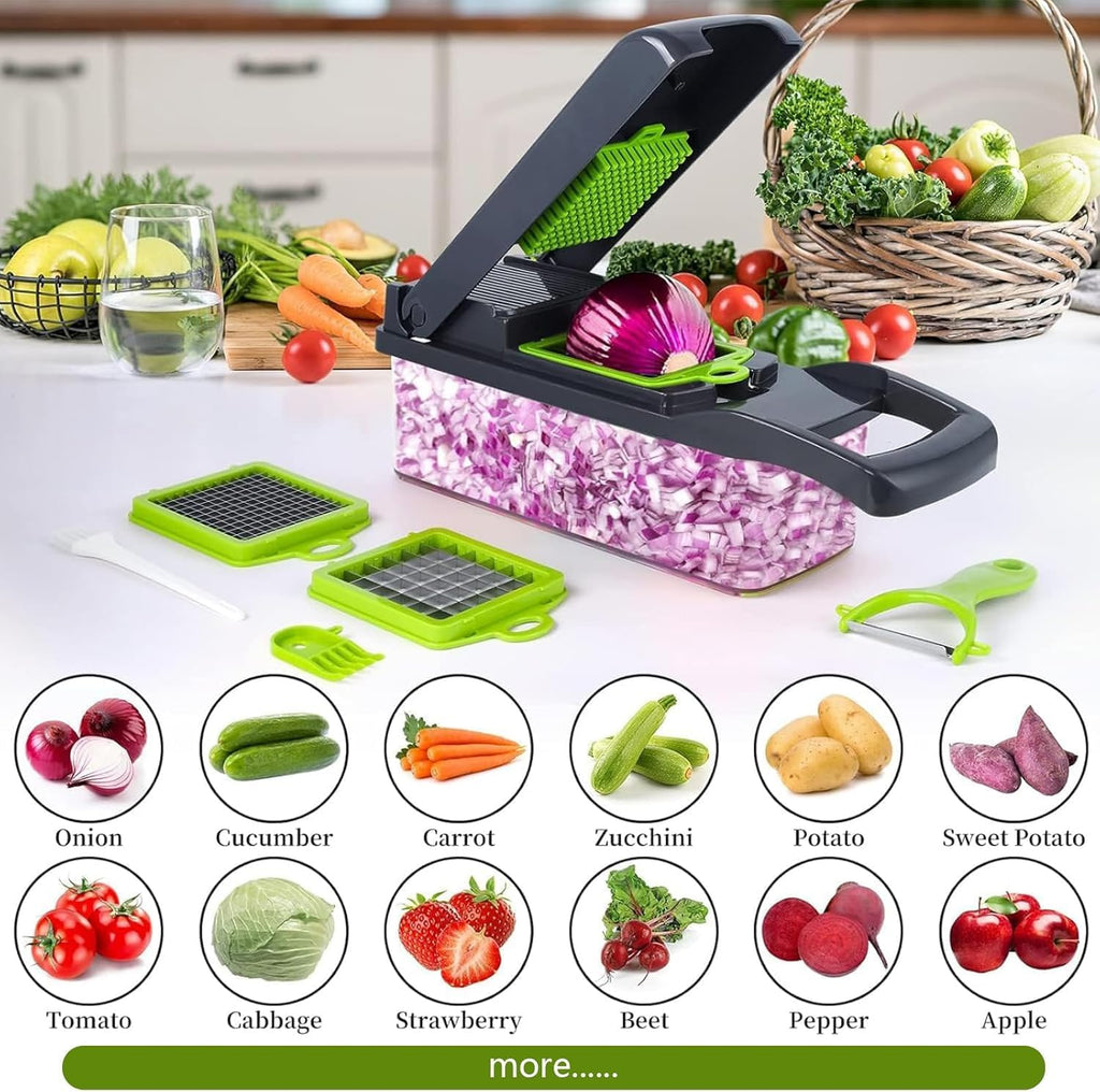 15 in 1 Vegetable Chopper- Food Chopper Onions Vegetable Slicer Dicer, Veggie, Cheese Grate Cutter with 7 Blades for Carrot Salad Garlic Potato Slicer with Large Container Mandoline Kitchen Gadgets