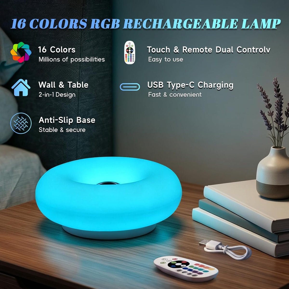 Donut Table Lamp,Rechargeable Donut Wall Lamp with 16-Color RGB Remote & Touch Control,Stepless Dimmable Night Light with Type-C Charging for Versatile Room Decor,Creative Gift