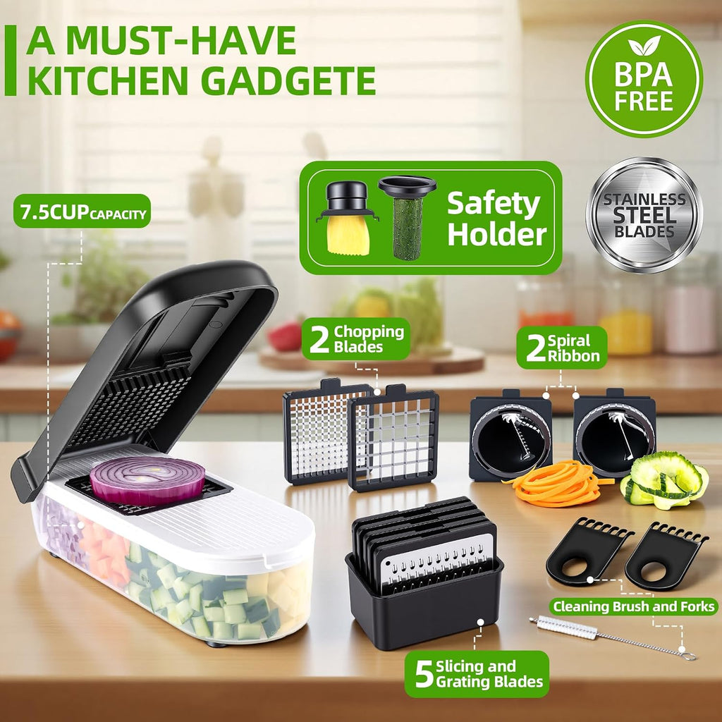 Vegetable Chopper with Container, 12 in 1 Manual Food Chopper Cutter, Black