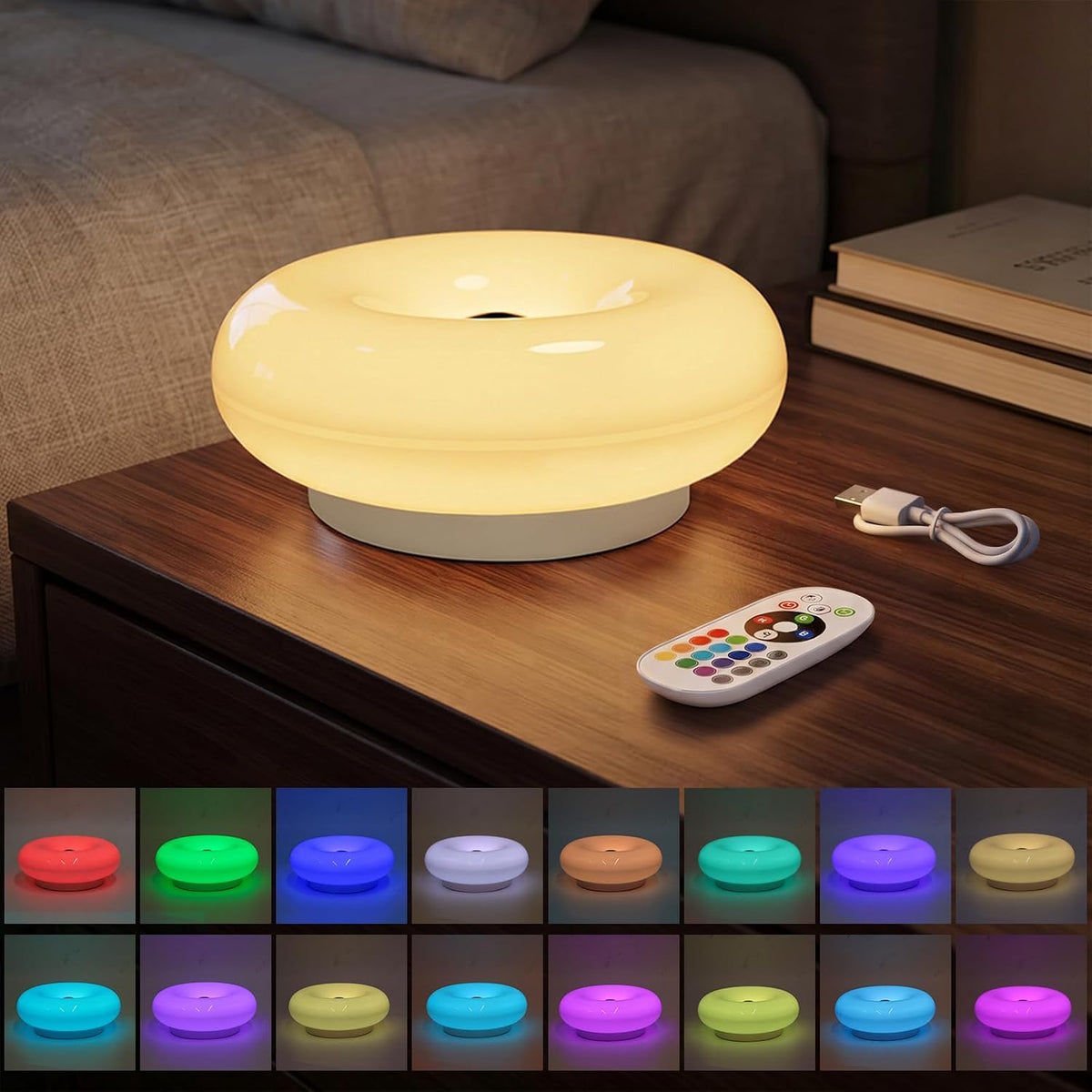 Donut Table Lamp,Rechargeable Donut Wall Lamp with 16-Color RGB Remote & Touch Control,Stepless Dimmable Night Light with Type-C Charging for Versatile Room Decor,Creative Gift
